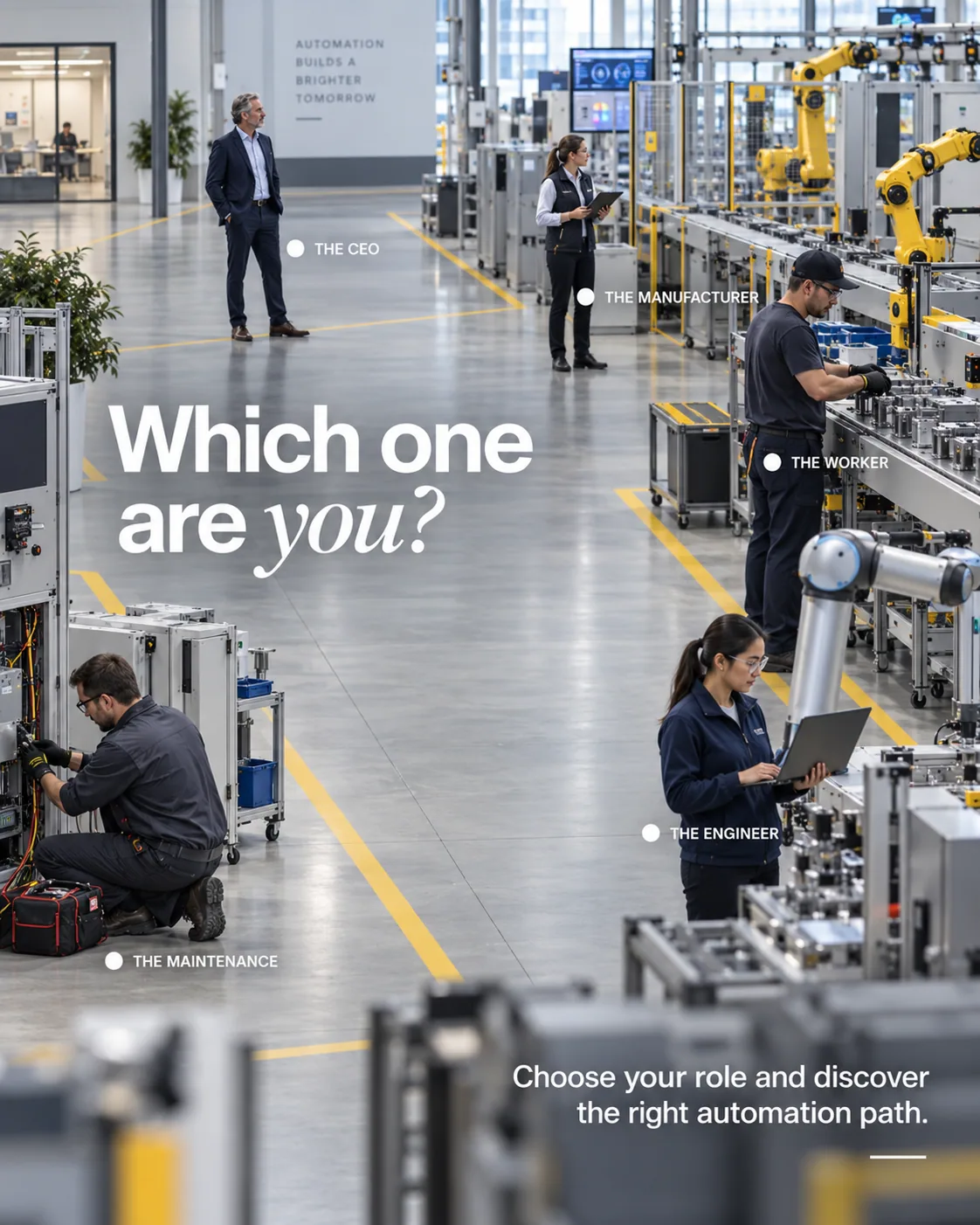 Factory scene showing leadership, manufacturing, operations, engineering and maintenance roles